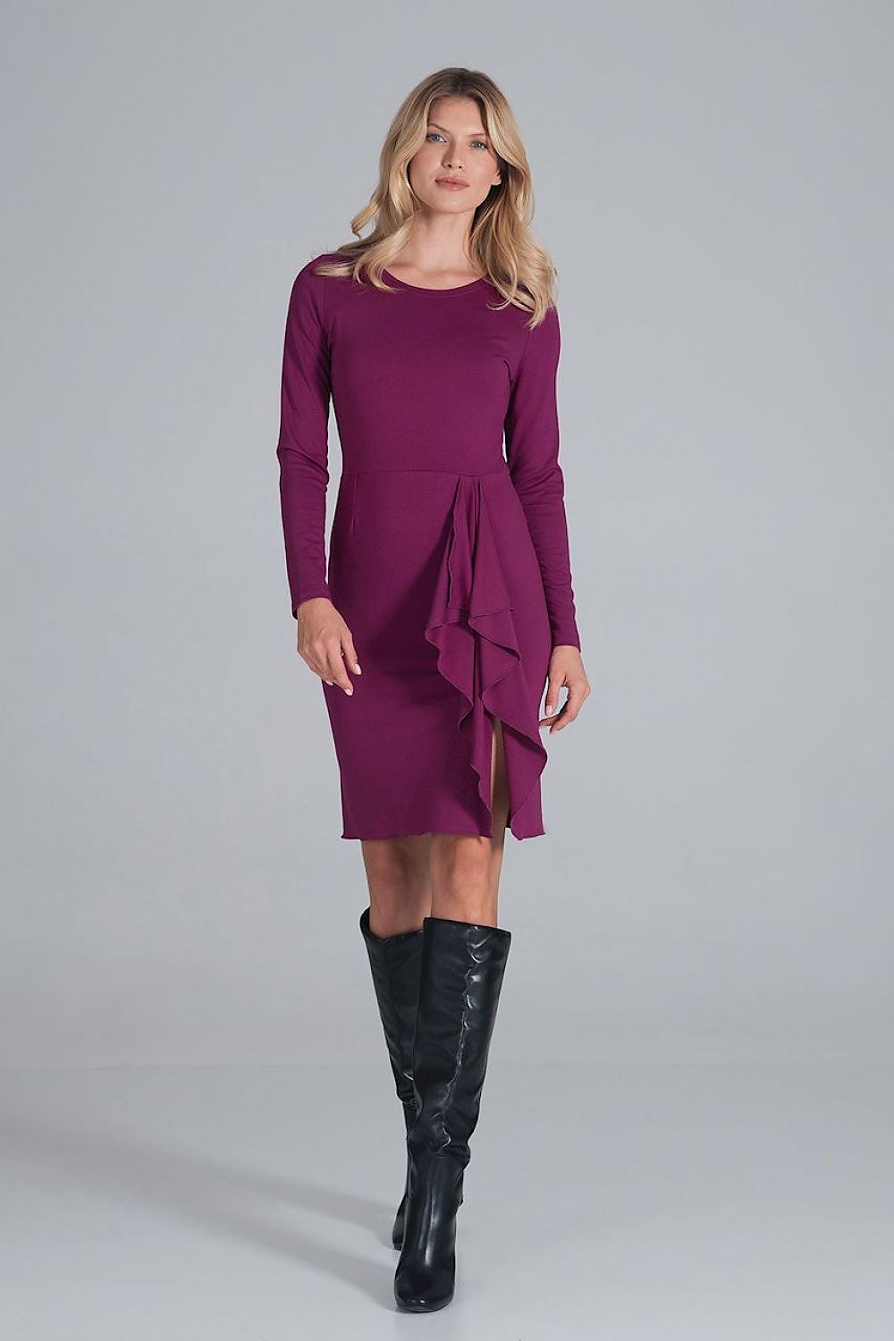 violet long sleeve cocktail dress front view