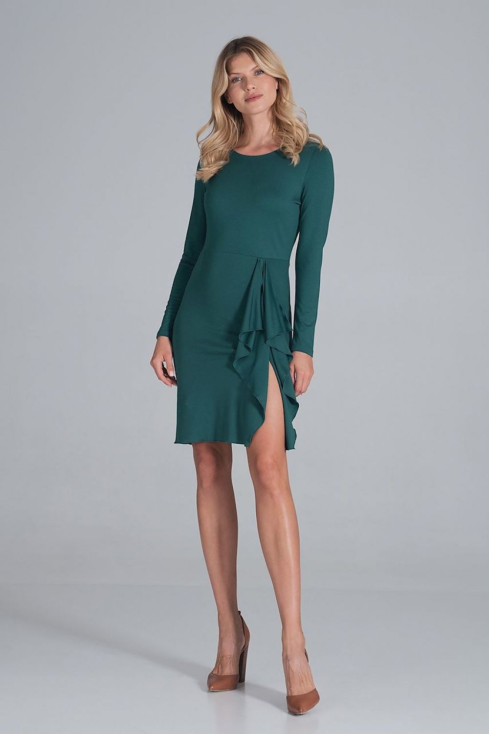 green long sleeve cocktail dress front view