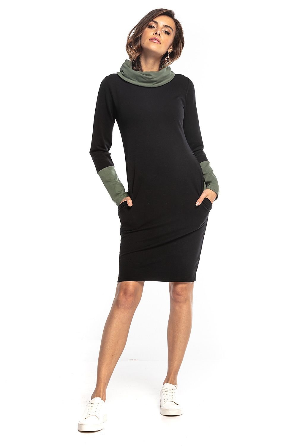 black long sleeve turtleneck day dress front view