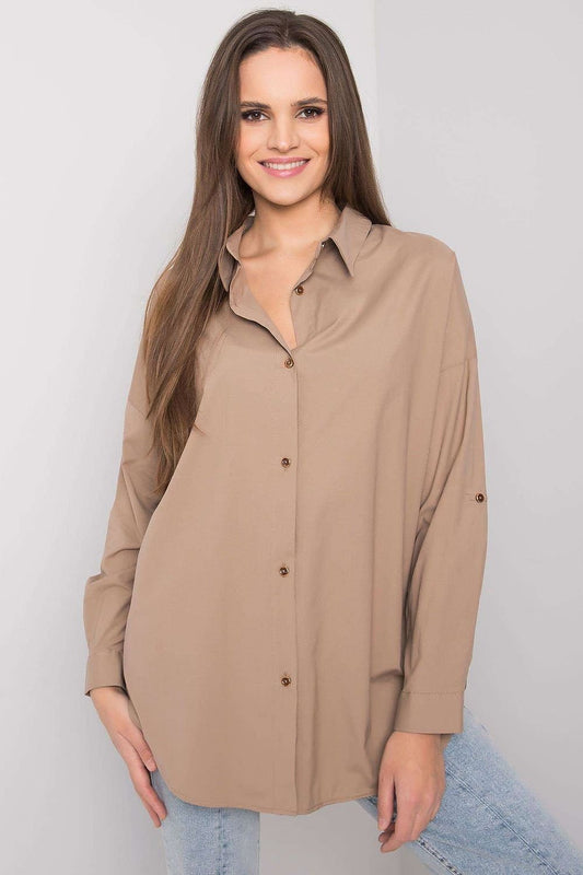 beige long sleeve long sleeve shirt front view