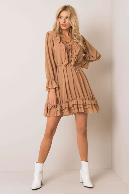brown lace flared day dress front view
