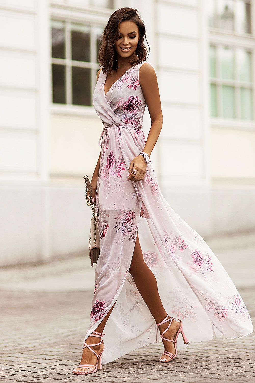 pink maxi side slit cocktail dress alternate angle
