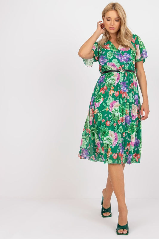 green belted short sleeve day dress front view