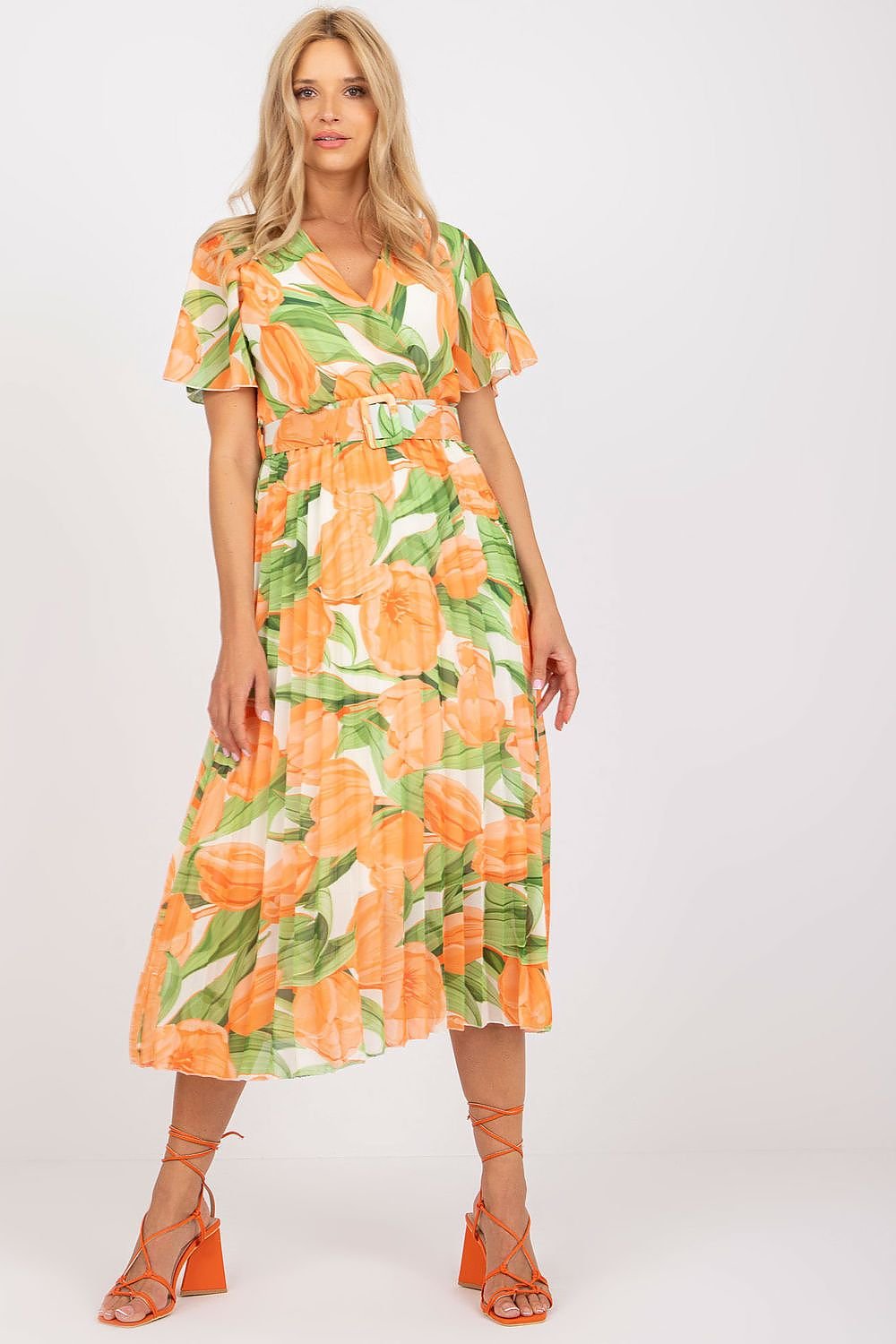 orange pleated belted day dress front view