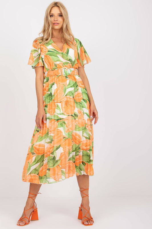 orange pleated belted day dress front view