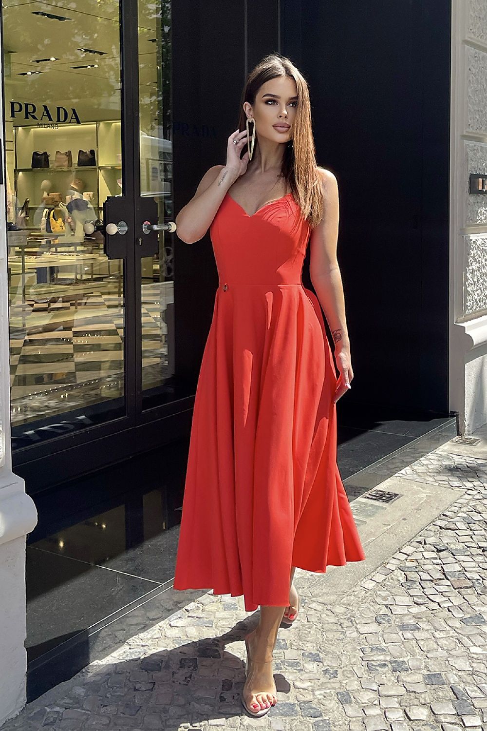 red flared midi day dress front view
