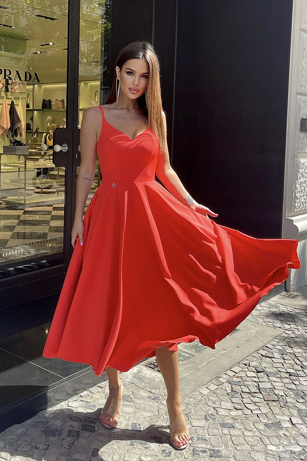 red flared midi day dress alternate angle