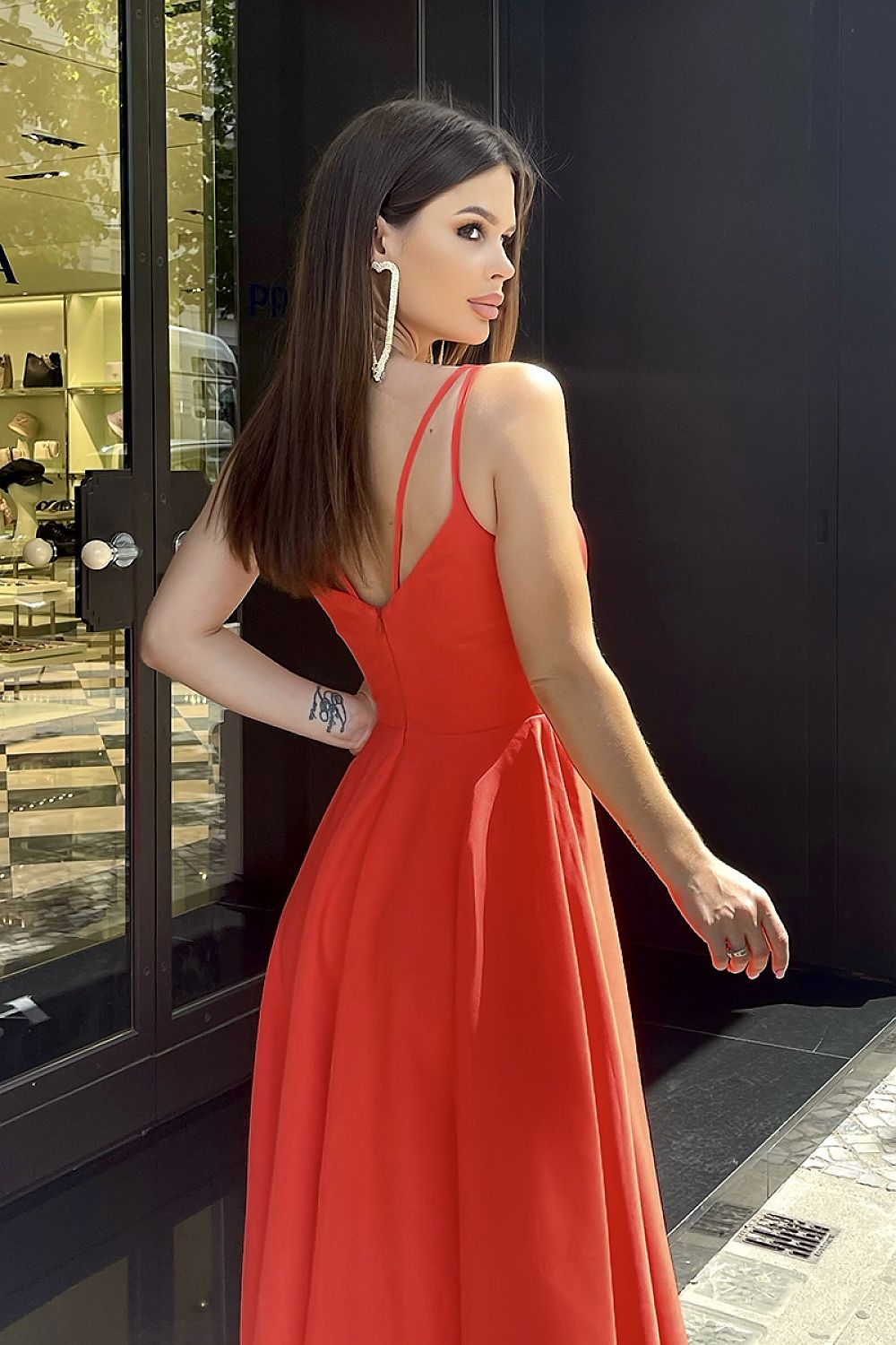 red flared midi day dress detail view