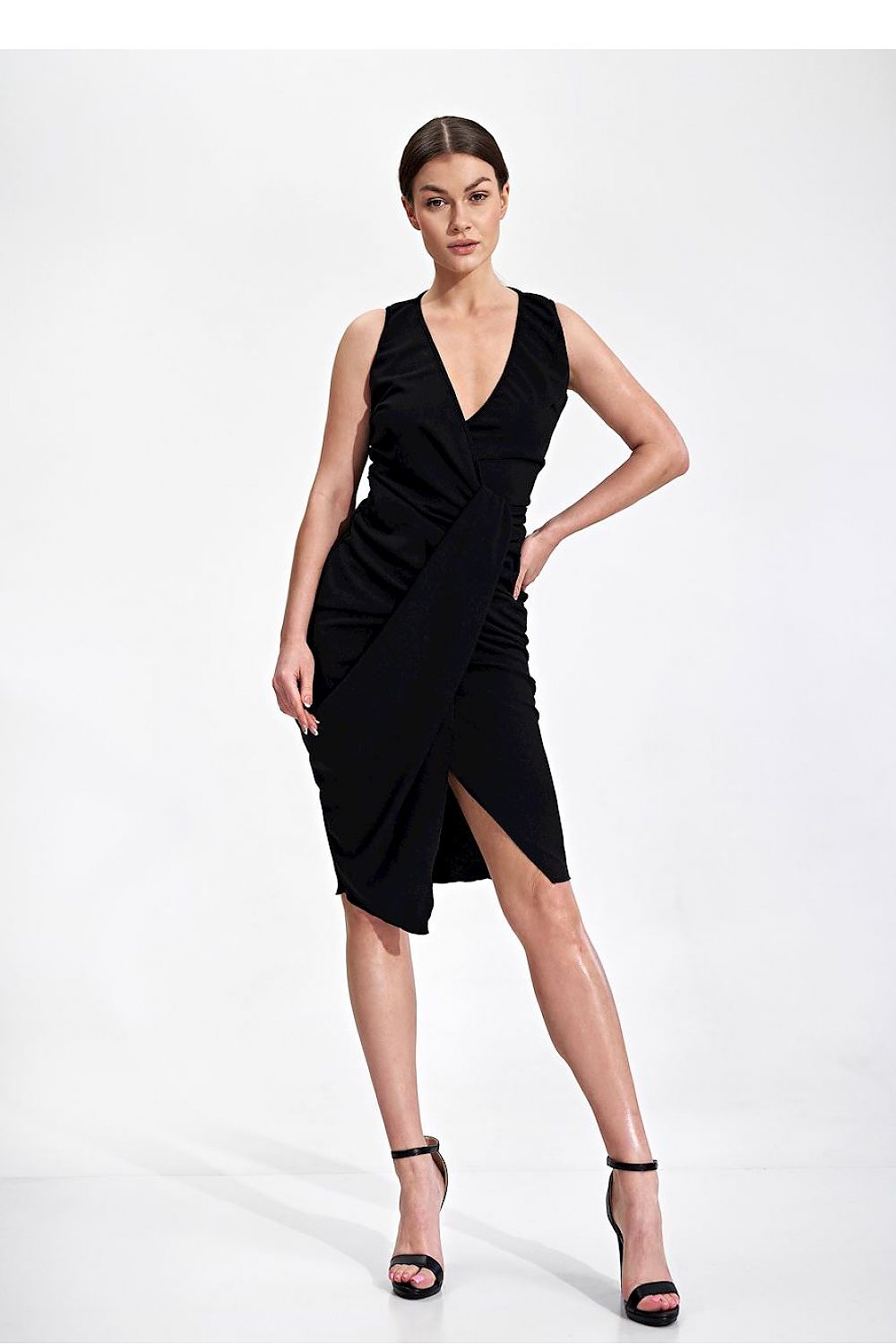 black sleeveless midi cocktail dress front view