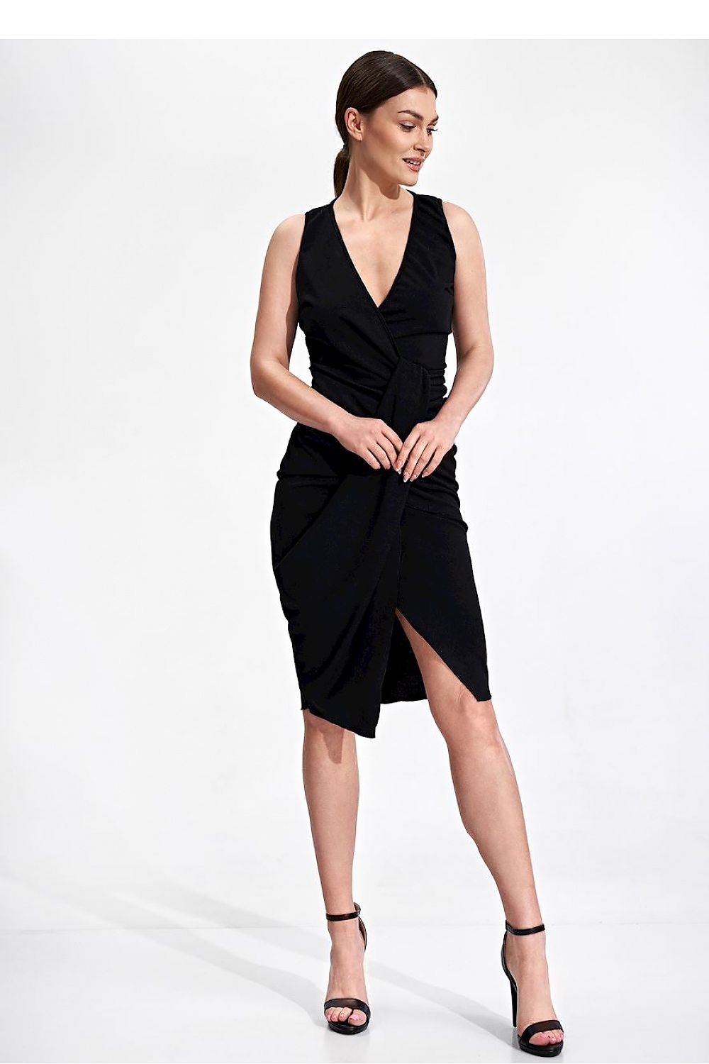 black sleeveless midi cocktail dress alternate angle