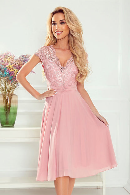 pink lace short sleeve evening dress front view