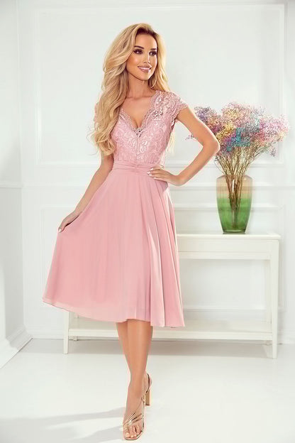 pink lace short sleeve evening dress alternate angle