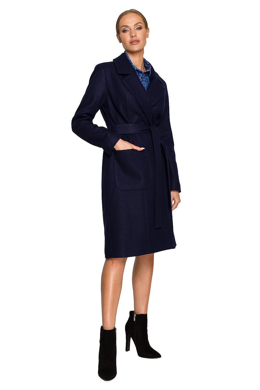 navy blue belted coat front view