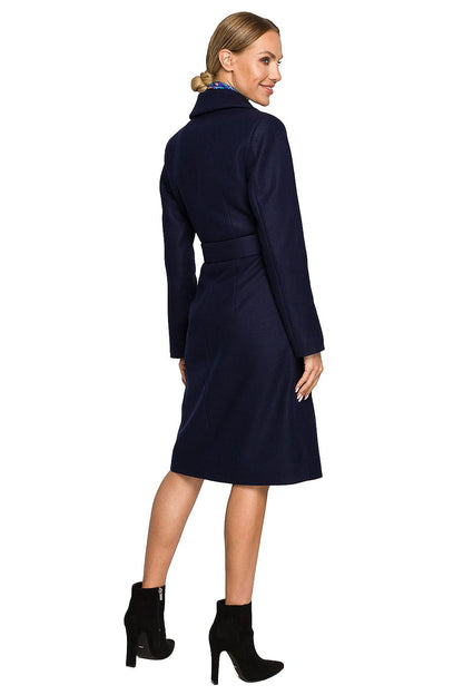 navy blue belted coat detail view