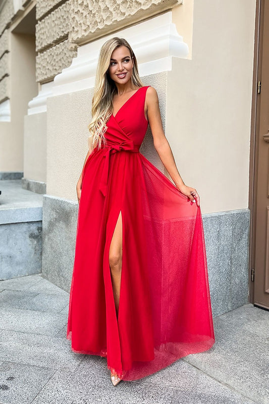 red belted evening dress front view