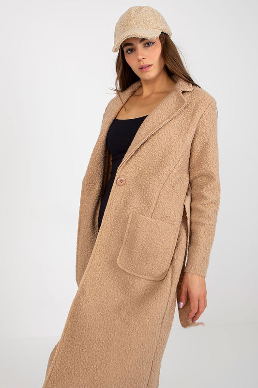 beige belted long sleeve coat front view