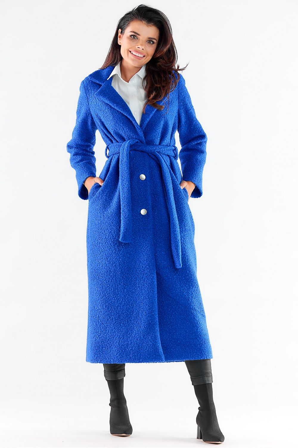 blue belted maxi coat front view