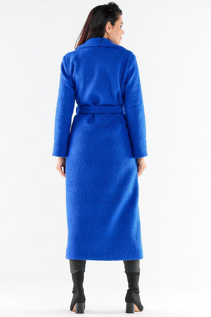 blue belted maxi coat detail view