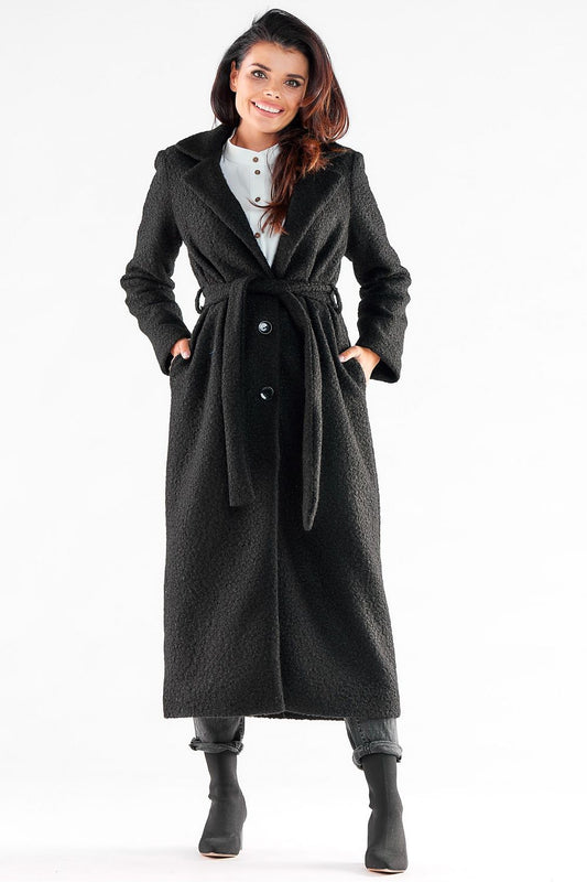 black belted maxi coat front view
