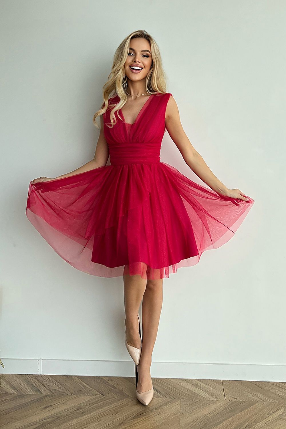 pink flared belted evening dress alternate angle