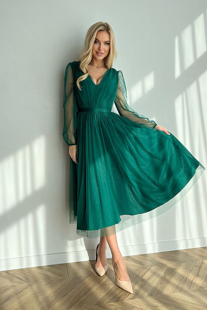 green flared long sleeve evening dress alternate angle