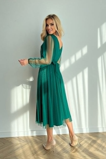 green flared long sleeve evening dress detail view