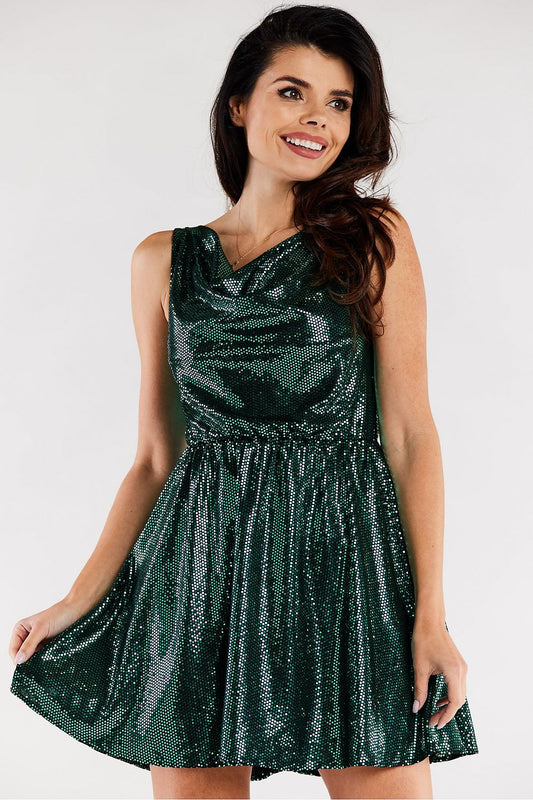 green flared ruffle dresses front view