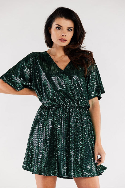 green flared short sleeve dresses front view