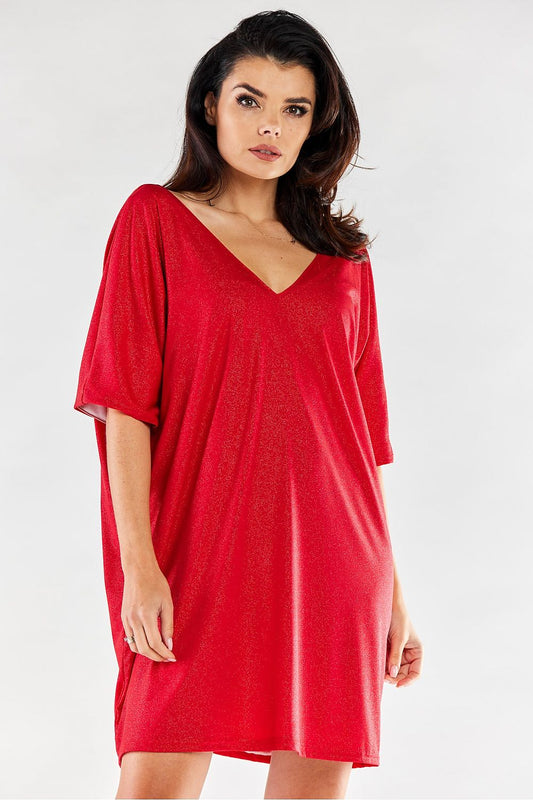 red short sleeve v-neck dresses front view