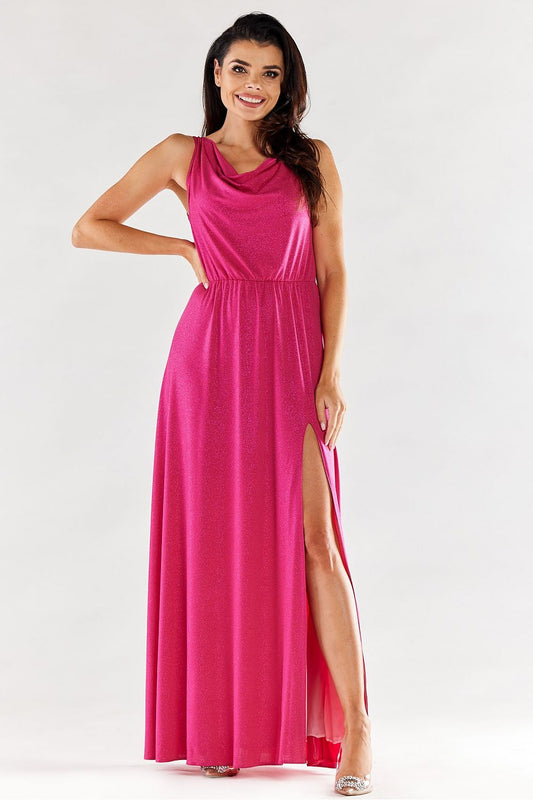 pink ruffle long dress front view