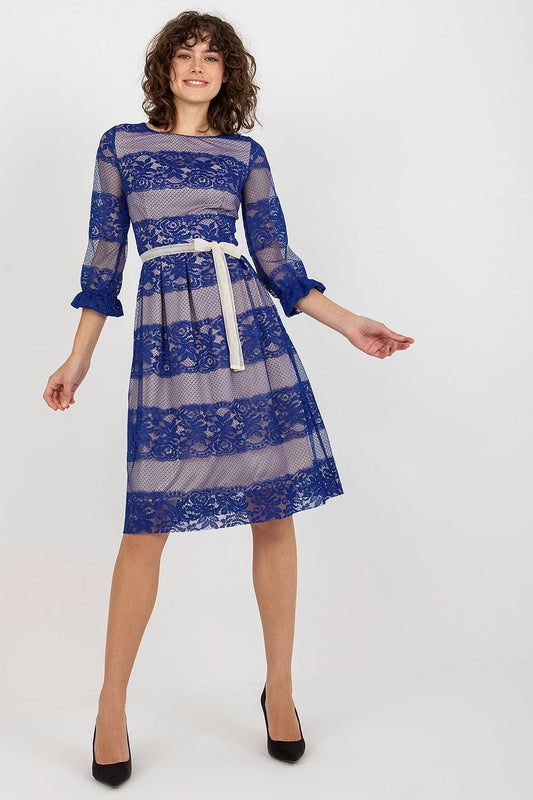 blue lace midi evening dress front view