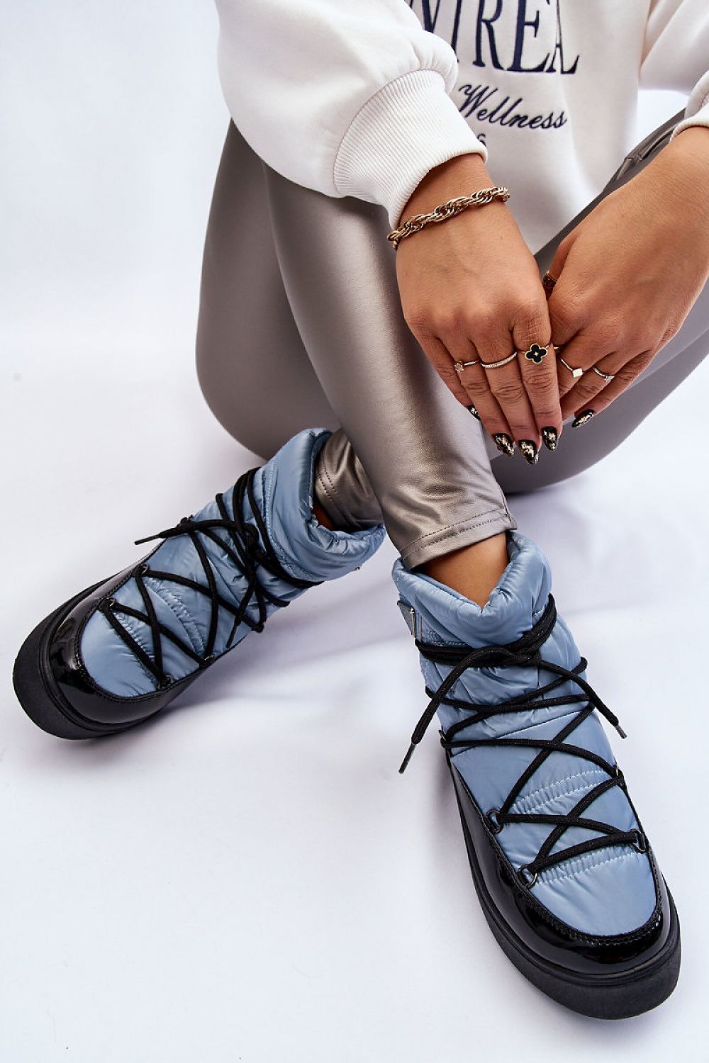 blue snow boots front view