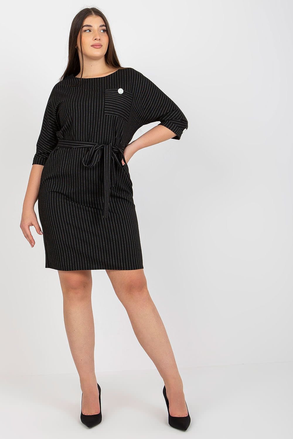 black pencil belted plus size dress front view