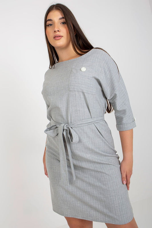 grey pencil belted plus size dress front view
