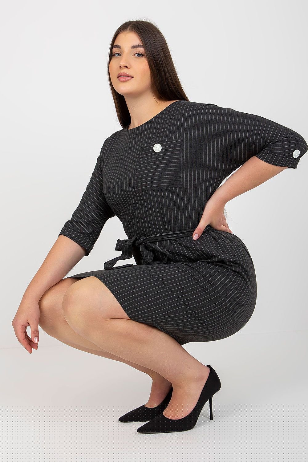 grey pencil belted plus size dress front view