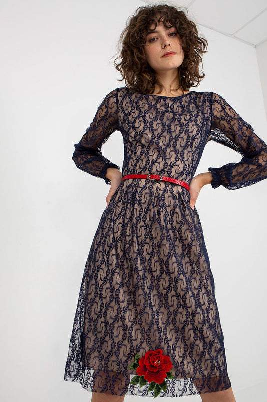 navy blue lace belted dresses front view