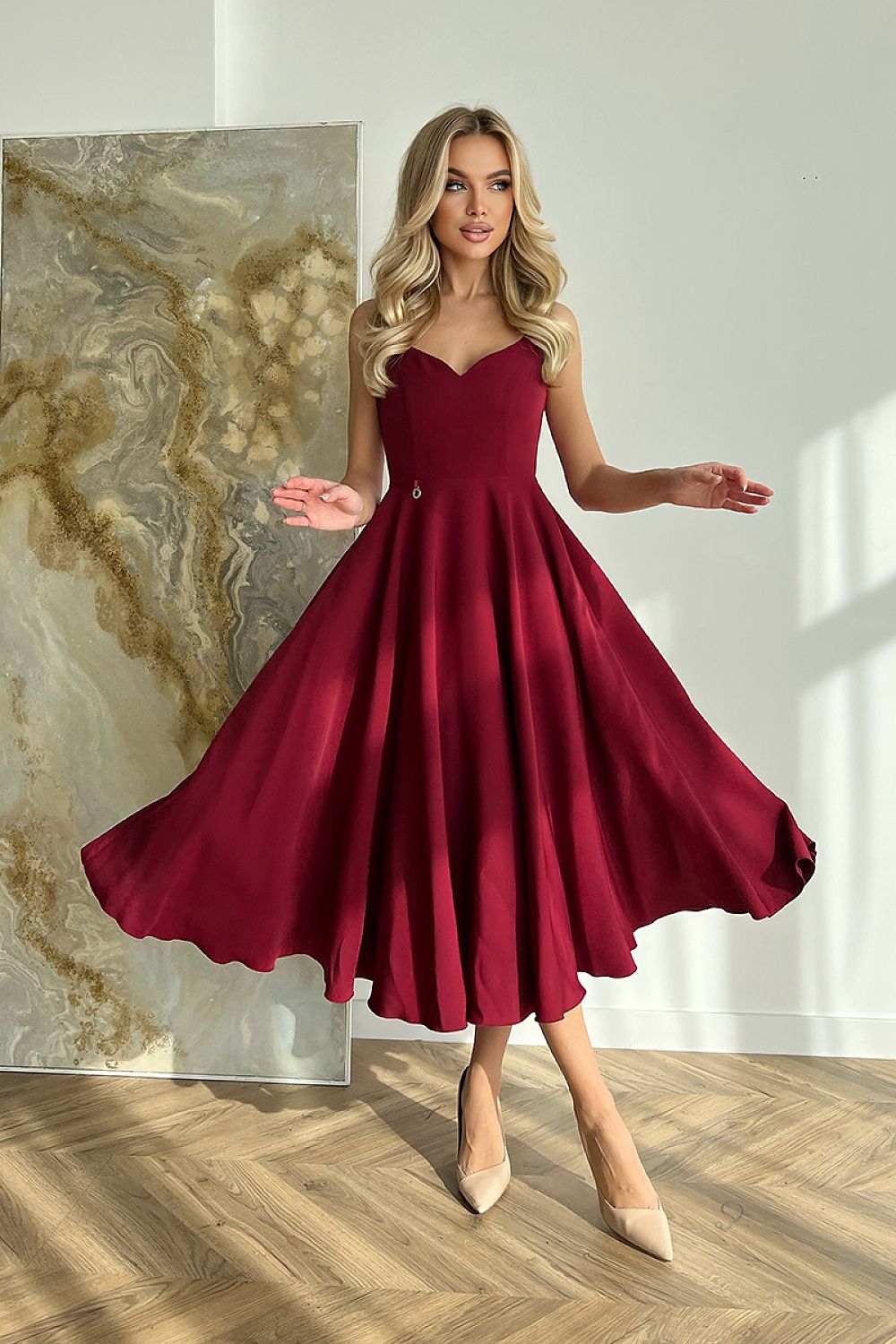 red flared midi day dress view 10