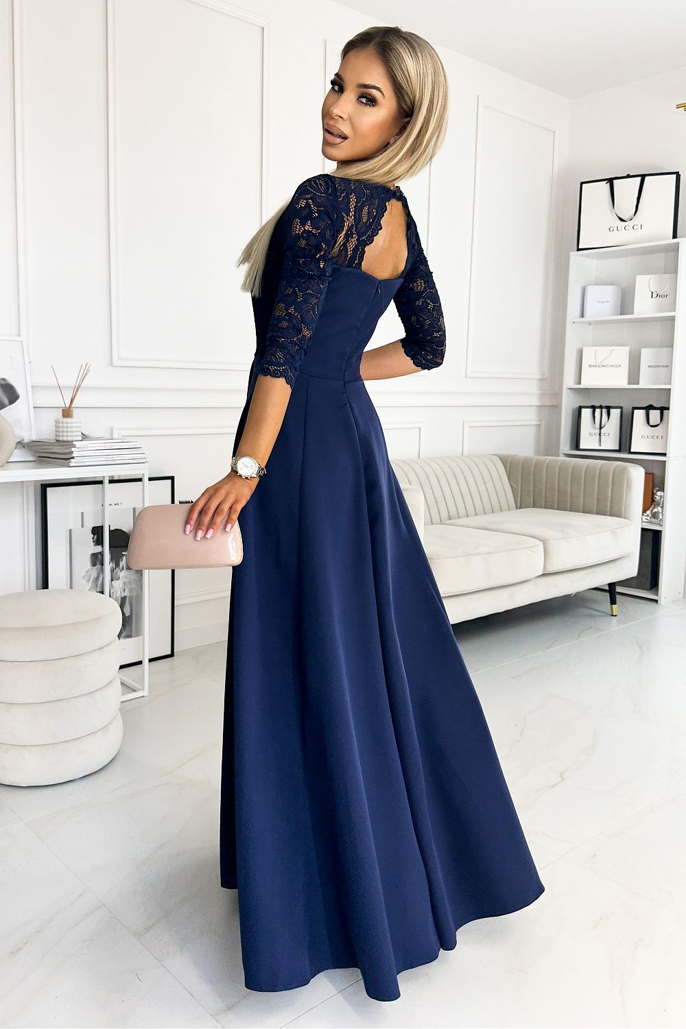 navy blue lace mini long dress alternate angle
