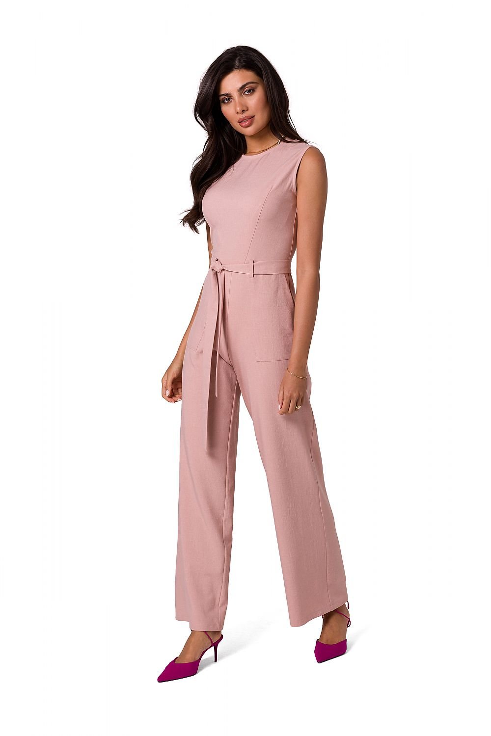 pink belted sleeveless suit front view