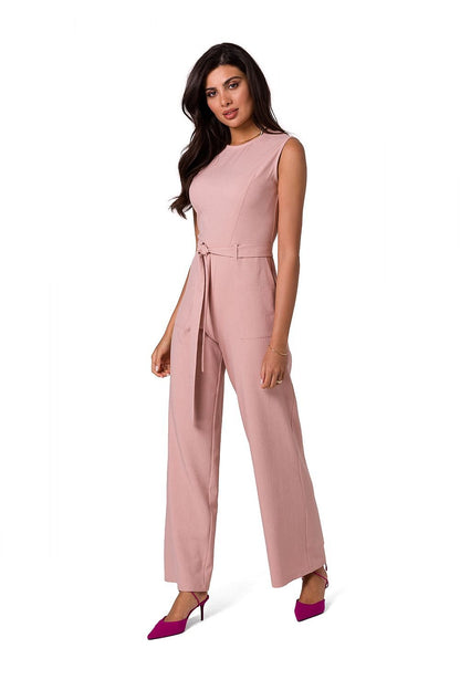 pink belted sleeveless suit front view