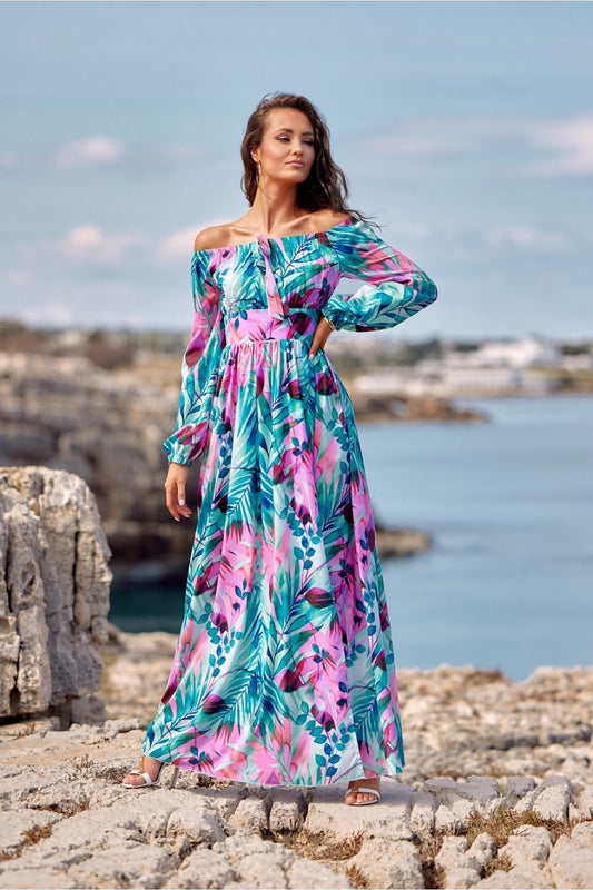 multicolor belted maxi day dress front view