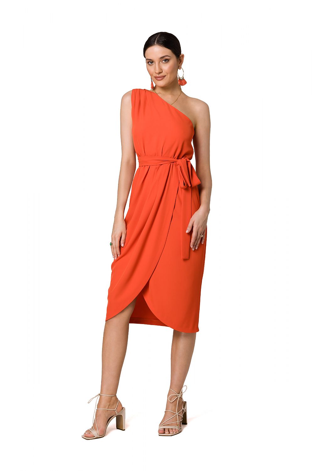 orange belted cocktail dress front view