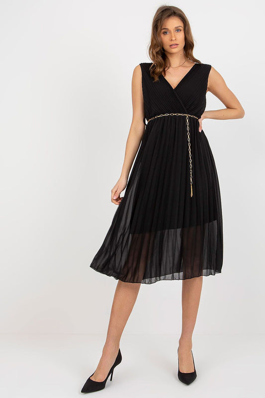 black pleated belted cocktail dress front view