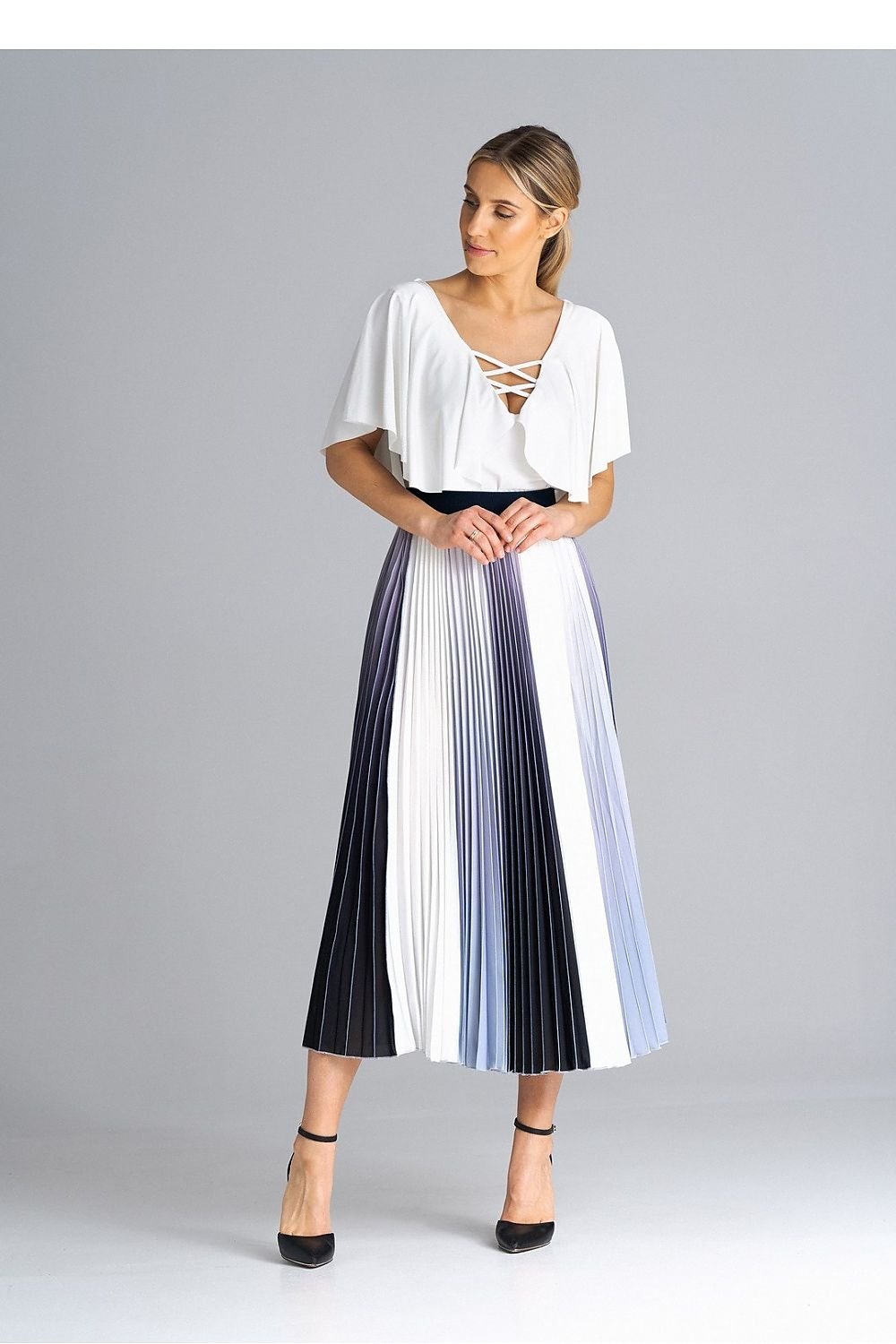 multicolor pleated midi skirt side view