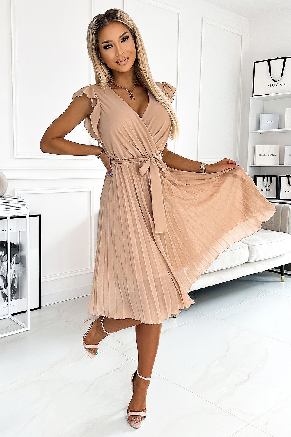 beige pleated ruffle cocktail dress alternate angle