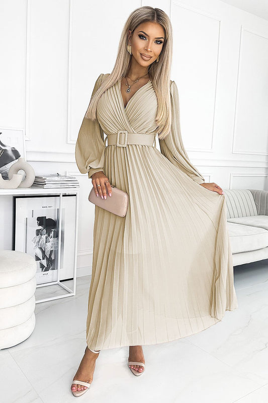 beige pleated belted cocktail dress front view