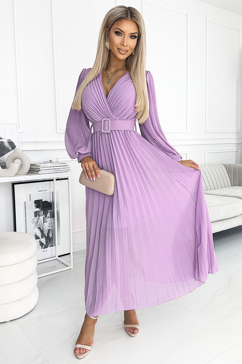 violet pleated belted cocktail dress front view