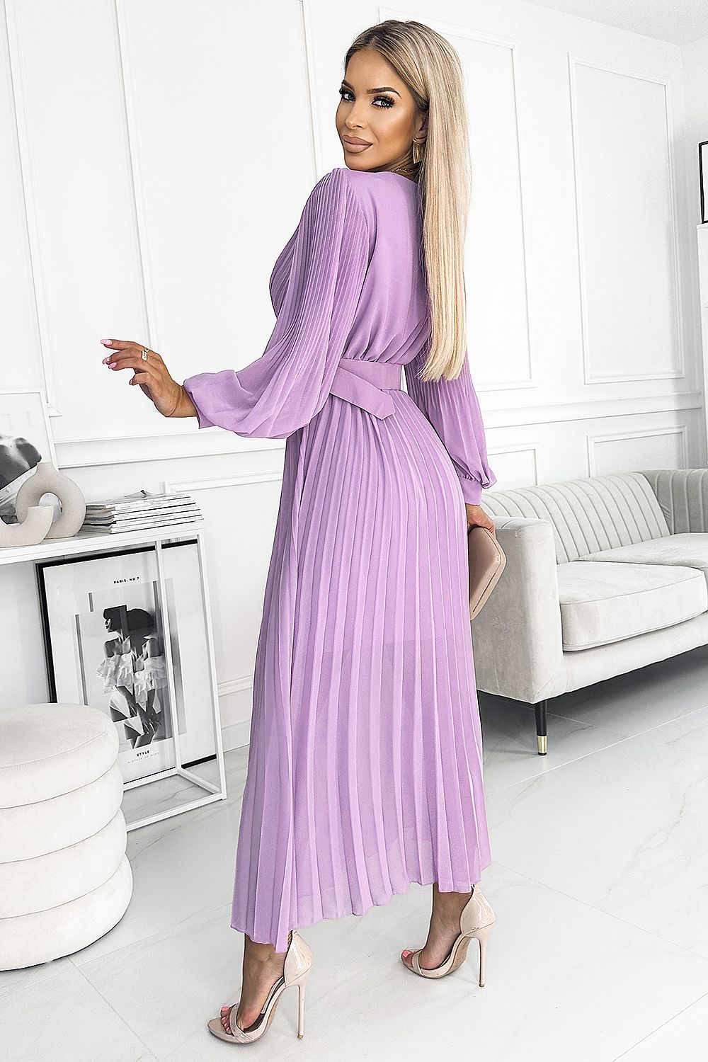 violet pleated belted cocktail dress alternate angle