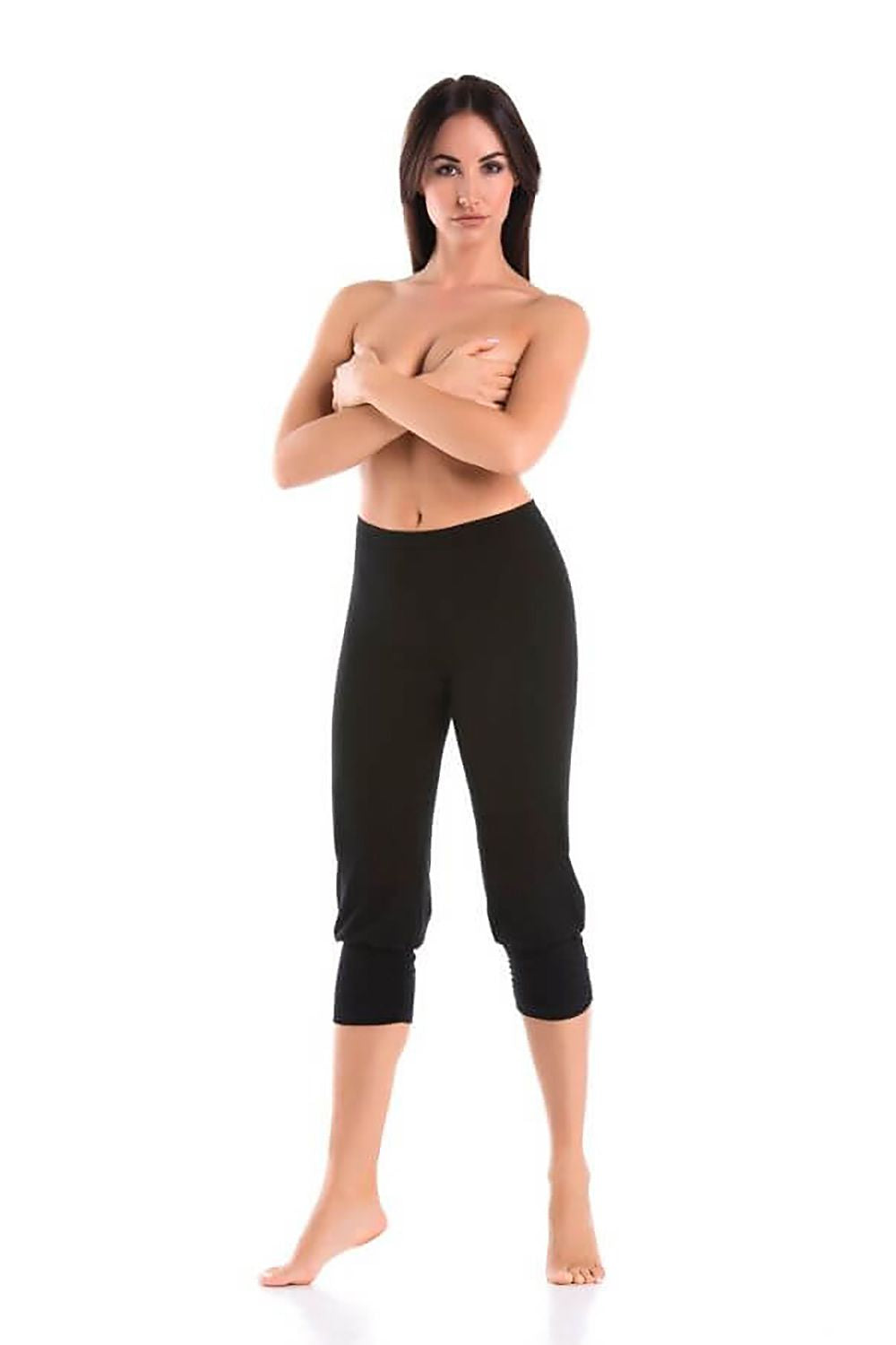 Women's black 3/4 high-waist cotton leggings for sport and casual wear
