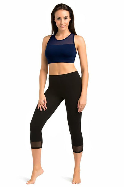 Women's black 3/4 cotton sport leggings with sheer mesh trim